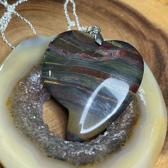 Iron Tiger hematite large 2” heart pendant silver plated 20” chain necklace hand - Picture 4 of 9